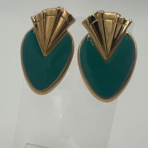 Blue and Gold Tone Vintage Fan Earring - Picture 2 of 7